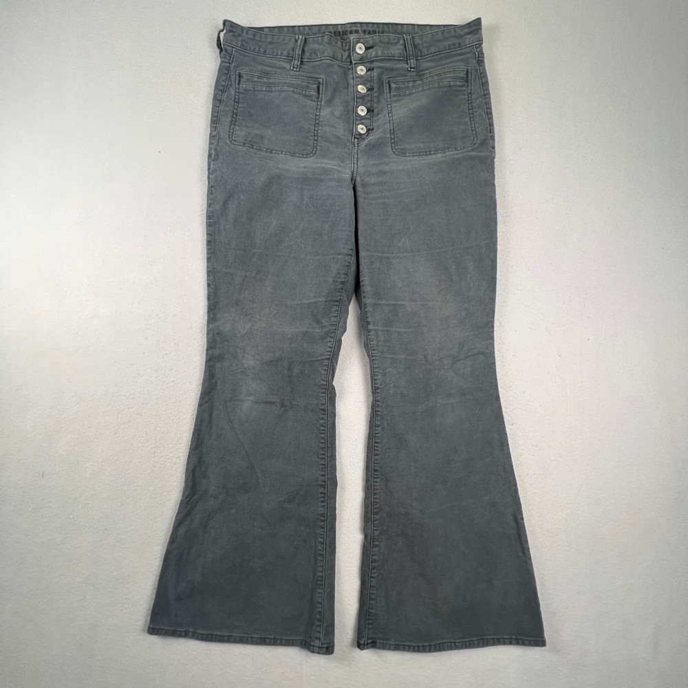 American Eagle Corduroy Pants Womens 12 Gray Button Fly Flare Stretch Boho Retro